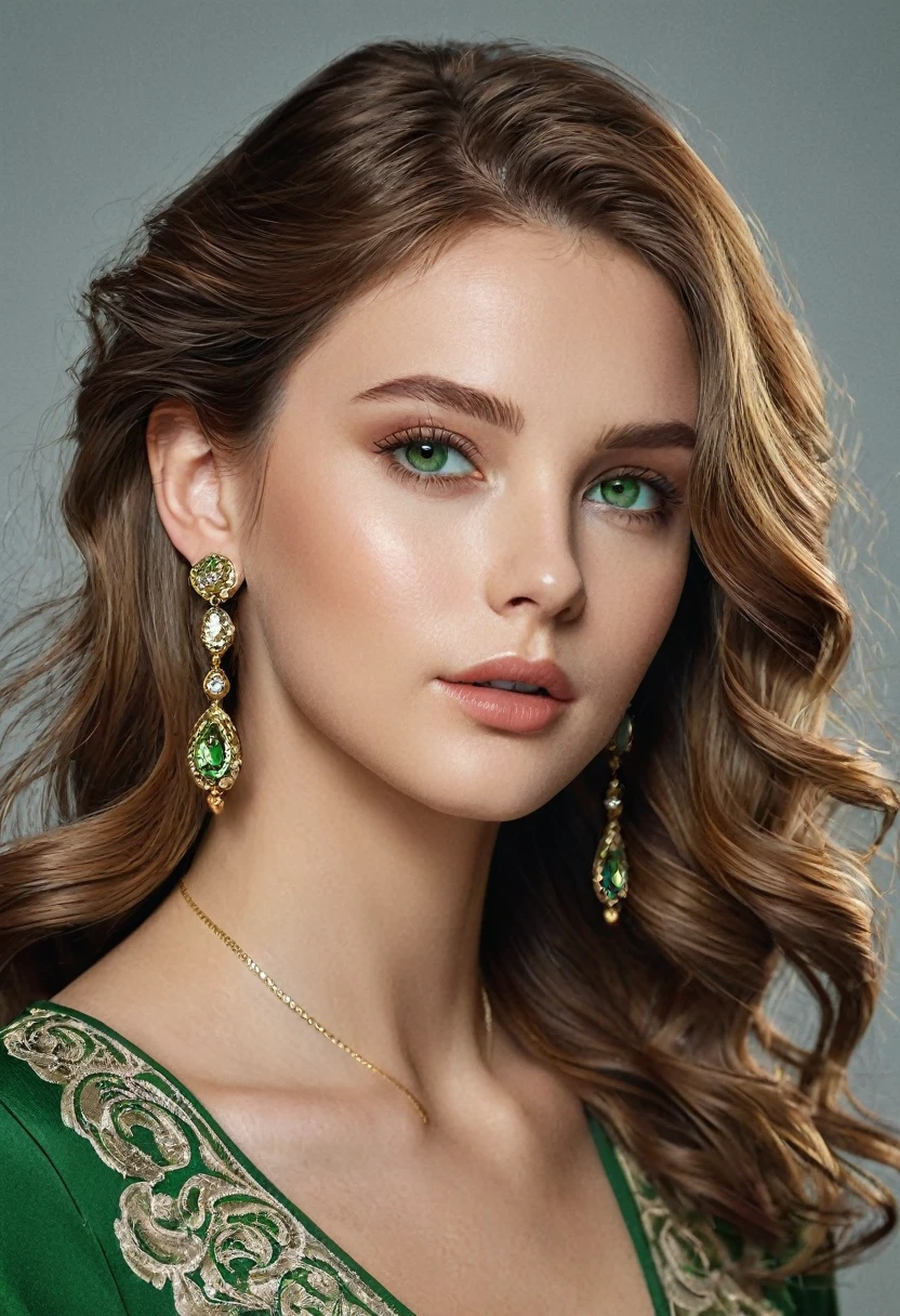 1girl, Mid-long Hair, Wavy Hair, Light Brown Hair, Brown Hair, Earrings, Parted Lips, Makeup, Green eyes, Realism, Anatomically Correct, High Resolution, trendy and classic fashion, Shiny Hair, old money style clothes