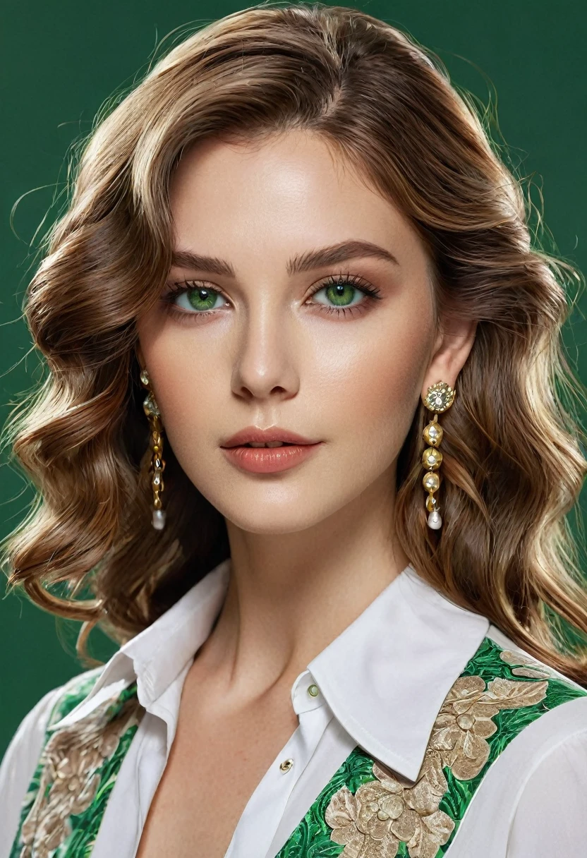 1girl, Mid-long Hair, Wavy Hair, Light Brown Hair, Brown Hair, Earrings, Parted Lips, Makeup, Green eyes, Realism, Anatomically Correct, High Resolution, trendy and classic fashion, Shiny Hair, old money style clothes