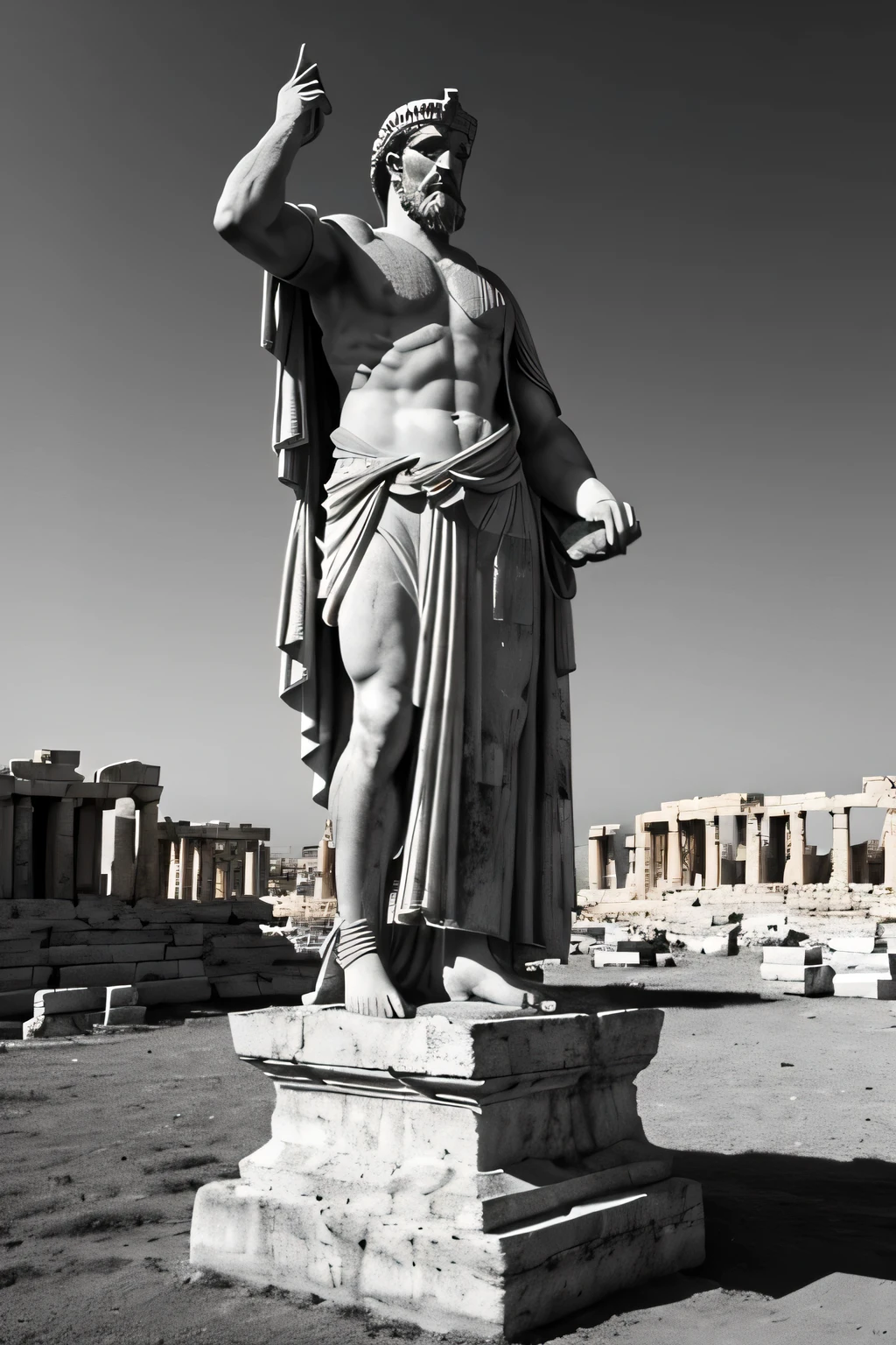 A dark landscape image of an ancient greek society deeply connected to stoicism, black and white, ancient greek architecture, include one single big statue of a stereotypical strong greek man, marcus aurelius --ar 16:9 --style G4JuqKlERum6vZGYhO9USs