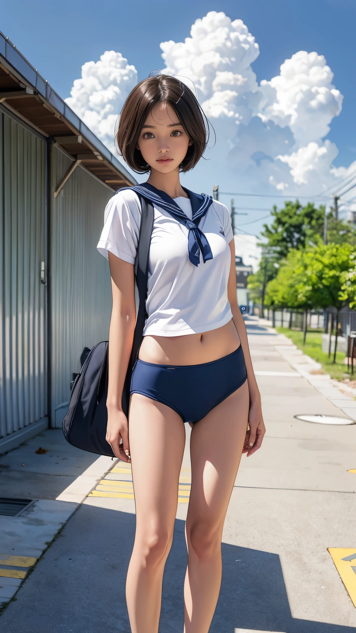 {3 | 2} Girl Standing In Schoolyard, Cumulonimbus clouds floating in the summer sky, Navy blue speedo swim briefs, On a white sailor shirt, school bag, , (Very slim:1.4), Thin thighs, knees, Brown eyes, Short hair tied low