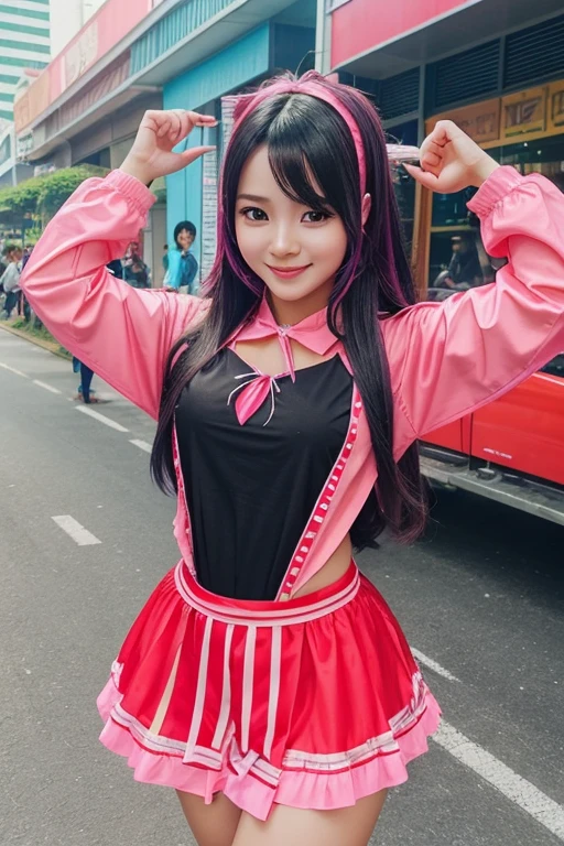 Generate an image of a cheerful and cute young woman, who is passionate about cosplay. She is Indonesian. She should be in a vibrant, she likes K-Pop inspired outfits. Her setting should be colorful and playful, reflecting her love for cosplay and her energetic, optimistic personality.