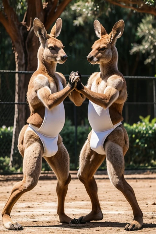 2 adult kangaroos wearing thick diapers sparring