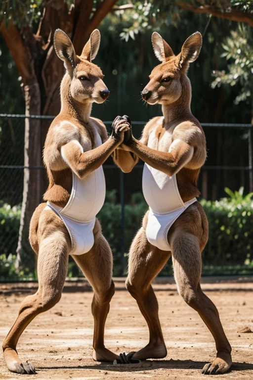 2 adult kangaroos wearing thick diapers sparring