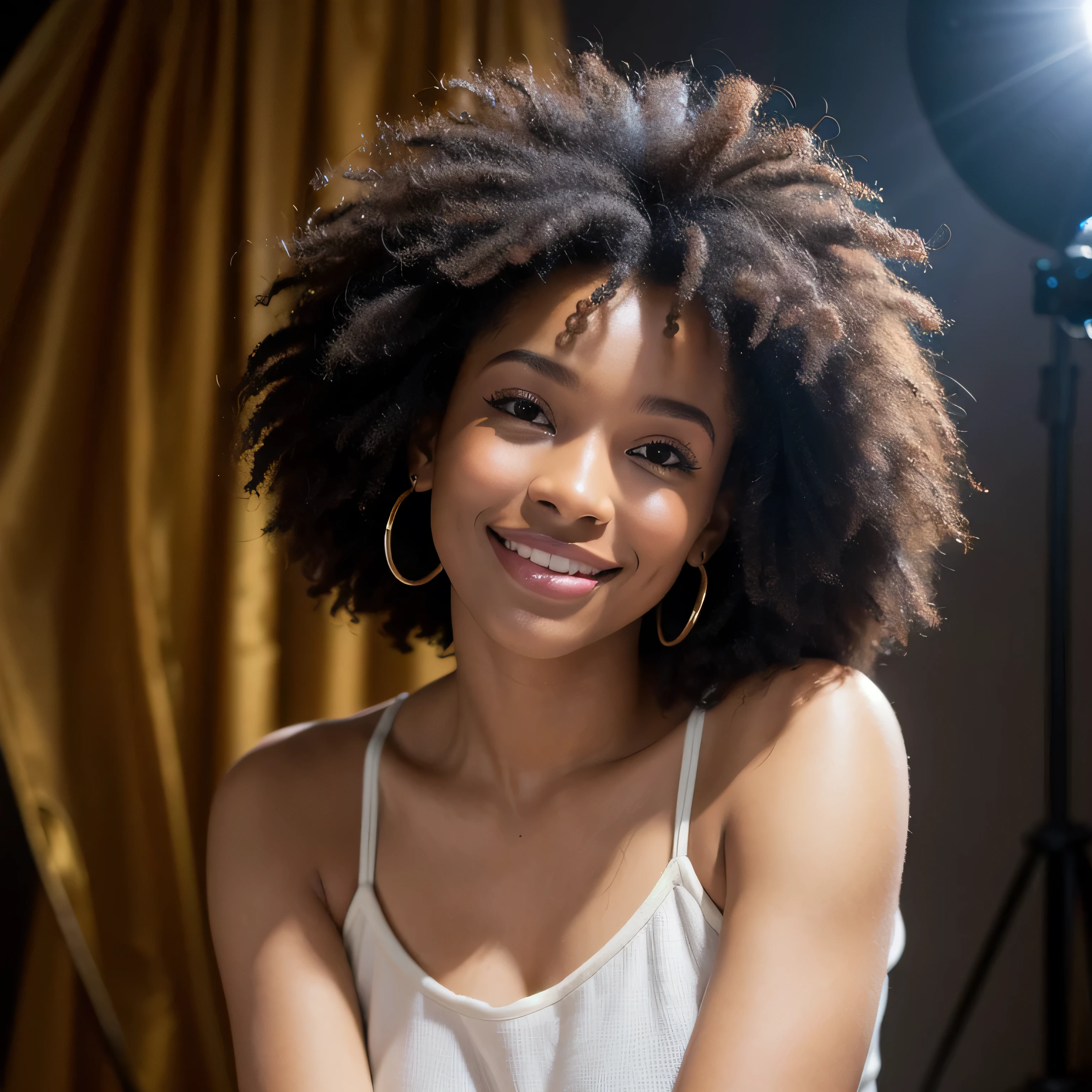 (high qualiy, ultra detaild, masterpiece, realisitic, raw) A young afro black model in a photo studio, with a confident smile, surrounded by soft lights that highlight your natural beauty. The environment should convey a feeling of dream and hope.