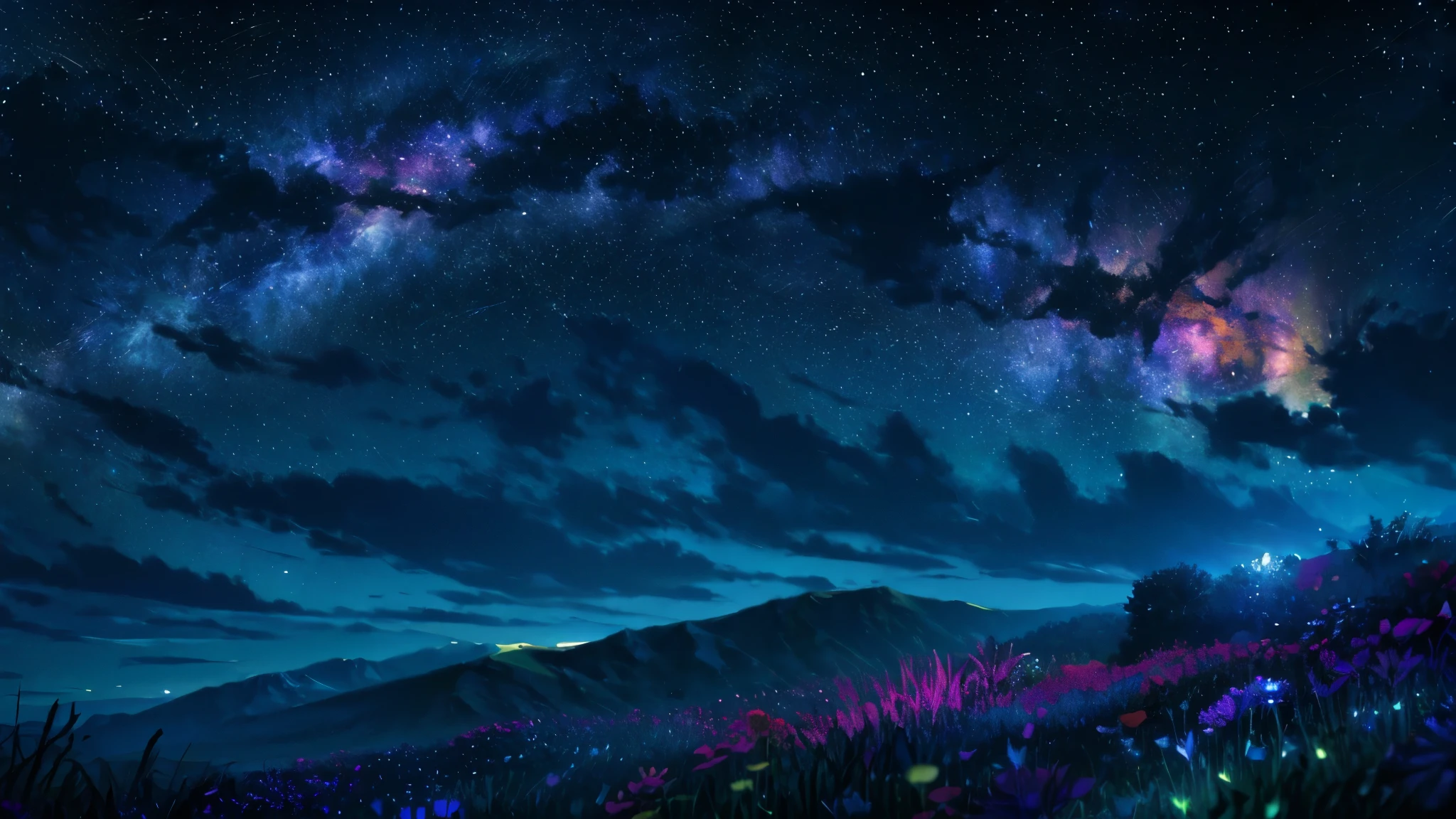 Describe a scene where a grassy hill, the starry sky. Surround her with colorful nebulae and her favorite constellations.