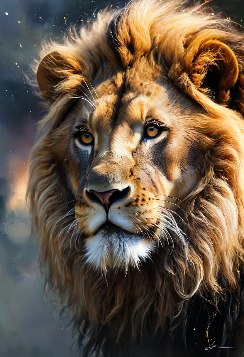 "Visualize an interpretation of a lion's head. To capture its movement and energy in a unique and abstract way. Incorporate bold colors and sharp angles, to convey a feeling of movement and tension. Play with perspective and layering, to create a multidimensional composition, which questions traditional notions of space and form. Be inspired by the avant-garde spirit and see nature in a fresh and innovative light.. Unleash your creativity, as you bring this imaginative scene to life on the screen