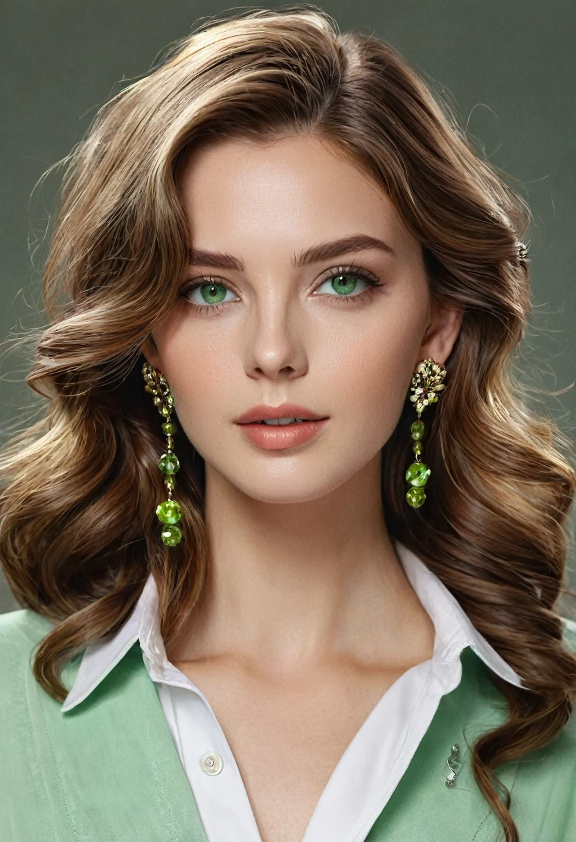 1girl, Mid-long Hair, Wavy Hair, Light Brown Hair, Brown Hair, Earrings, Parted Lips, Makeup, Green eyes, Realism, Anatomically Correct, High Resolution, trendy and classic fashion, Shiny Hair, old money style clothes