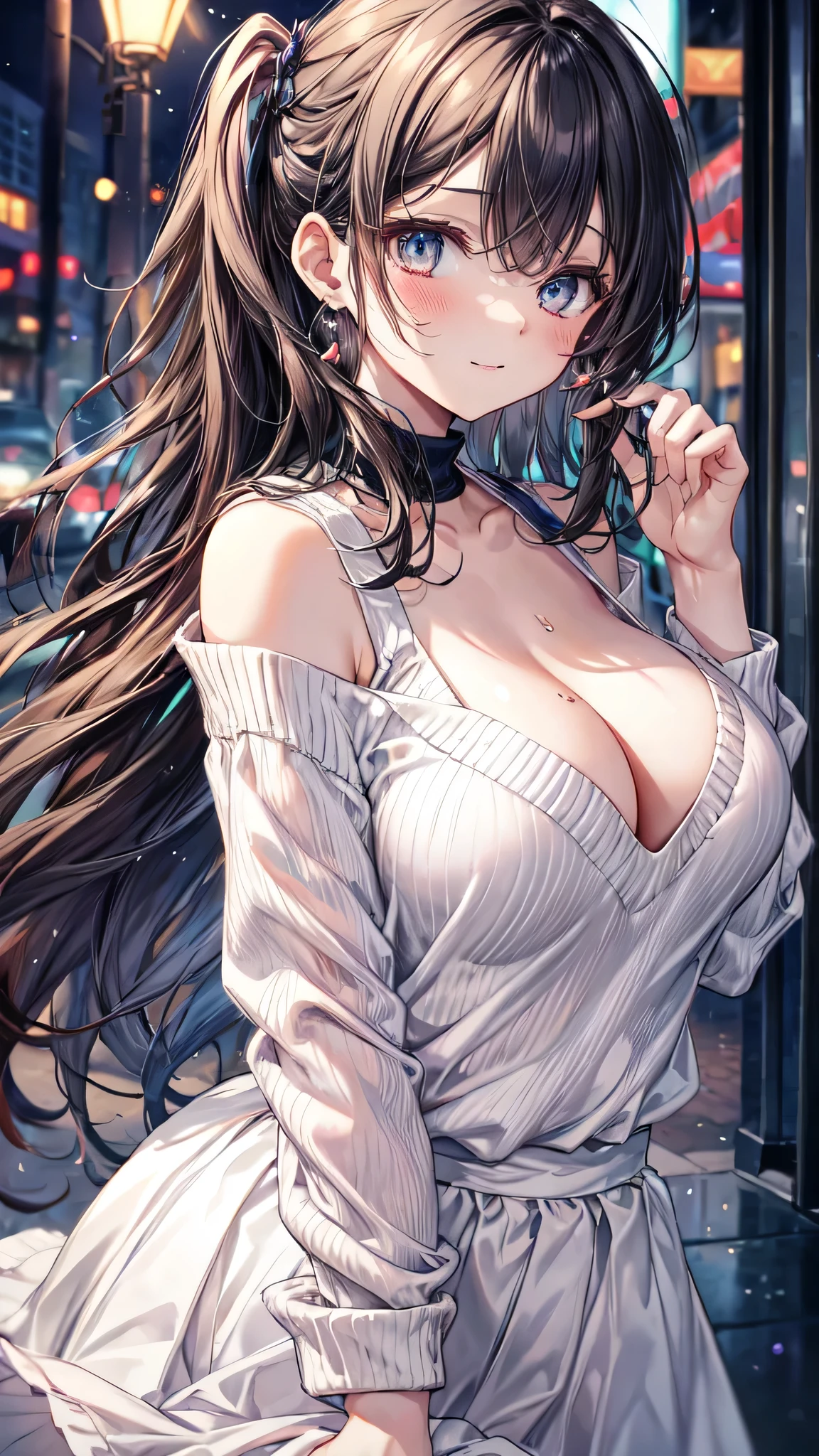(Ultra-high resolution of the highest quality, masutepiece, Best Quality, 8K, Super Detail, Best Quality:1.3), (Anatomically correct:1.3), (1 Girl), (large breasts), (high school student), (blush face:1.2), (collar), (long black wavy hair), hair over eyes, (drooping eyes), (white sweater, long skirt:1.5), (sexual aroused, drunkard:1.5), (beautiful hair, beautiful eyes, beautiful face), (smile), (drunkard face focus, ear focus, clavicle focus, breasts cleavage focus), standing, (from side:1.2), outdoor, night city