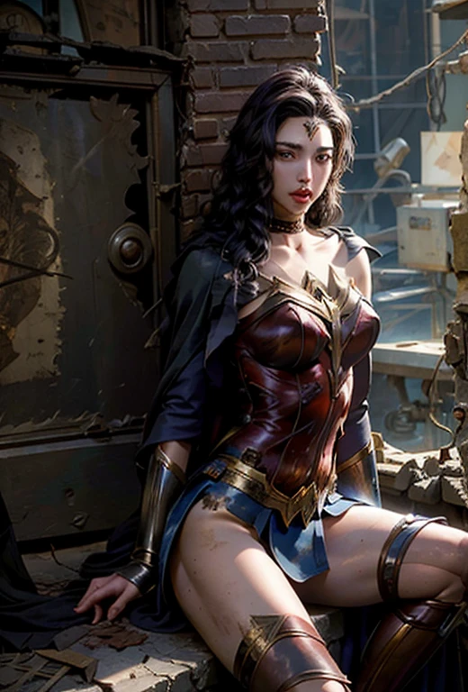 A woman in a wonder costume sitting on a wall, Gal Gadot as the Lord of Hell, Wonder Woman, Dressed as Wonder Woman, hybrid of gal gadot, Gal Gadot sexy painting, realistic cosplay, superhero body, Gal Gadot as Wonder Woman, Gal Gadot, Portrait of Wonder Woman, Candid photo of Gal Gadot, Photo of beauty Gal Gadot