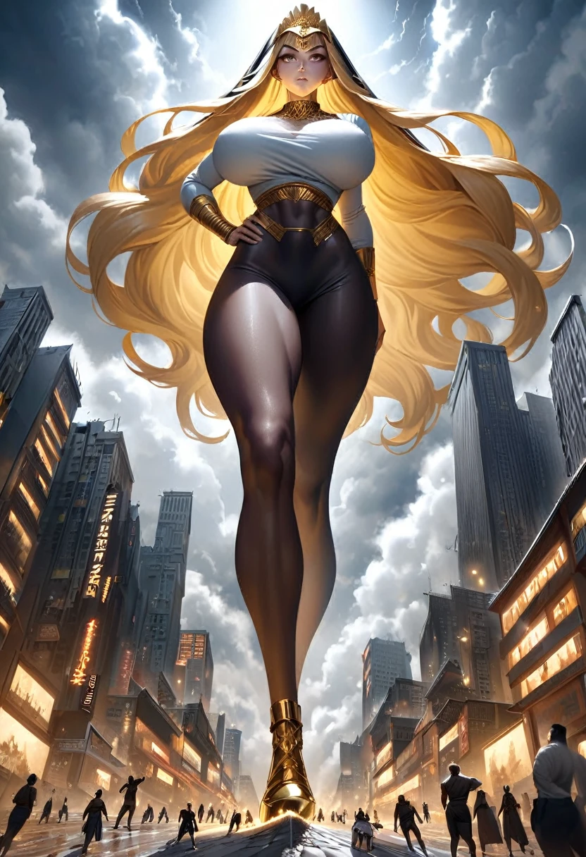 Giantess, White egyptian goddess clothing, gold high heels, toned and athletic body, massive strength, really big breasts, gold eyes, blonde long hair, gold jewellery, gold headpiece, superior expression, standing in the middle of town in a powerful stance, smoke and clouds roil around her, epic scale and drama, dark gloomy lighting, realistic, tense and ominous atmosphere, majestic, powerful, goddess, perspective from below, hand on hip, looking downwards at a s,all human man in work clothing, bending downards to look at POV. Fullbody. 