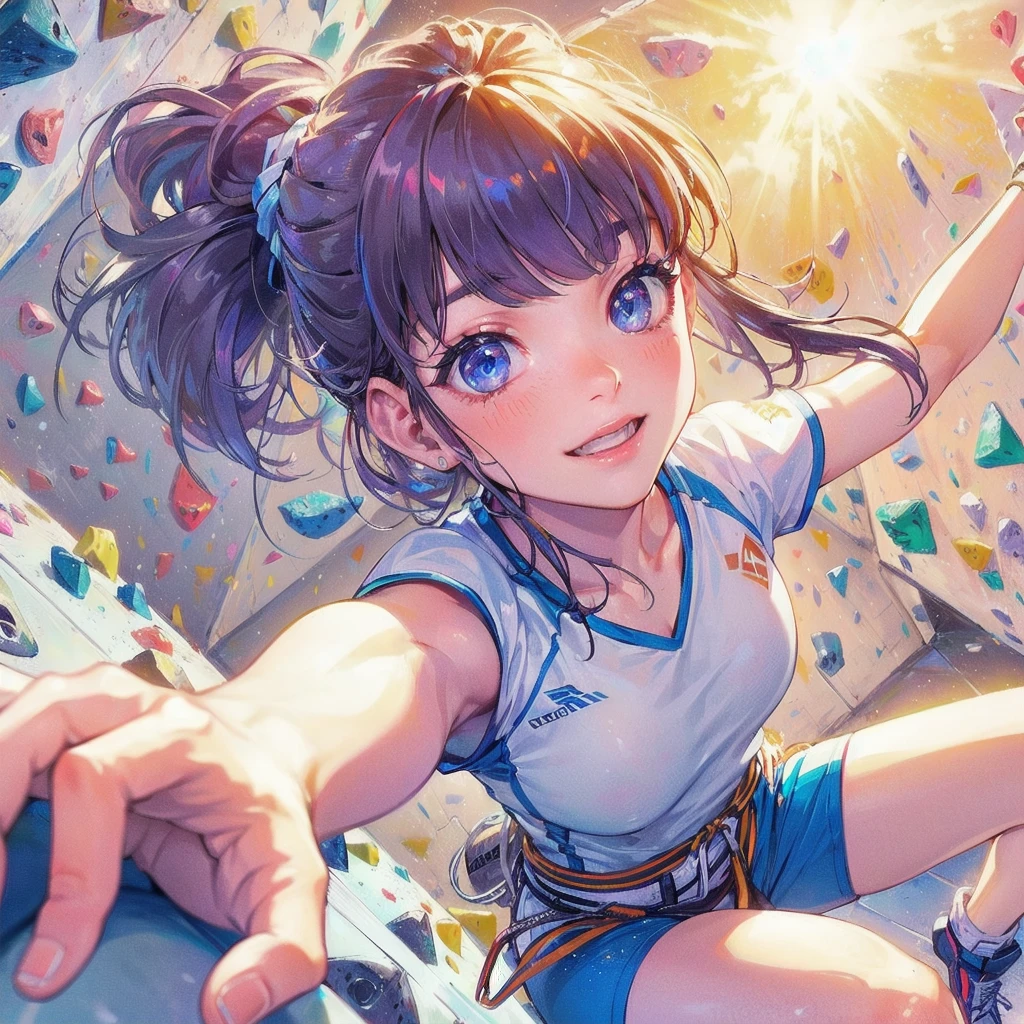 masterpiece, (textured skin), best quality, gorgeous beautiful girl, (a female sport climbing athlete), detailed clothes,large breasts,narrow waist,, (beautiful face), cinematic lighting, (at sport climbing venue ),