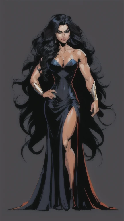 a cartoon of a woman in a black dress with long black hair, furious dark haired women, portrait of modern darna, evil godess, by Eddie Mendoza, 90s comic book character design, long curvy black hair, dark sorceress full view, raven black hair, her black hair is a long curly, dark dress, the princess of power