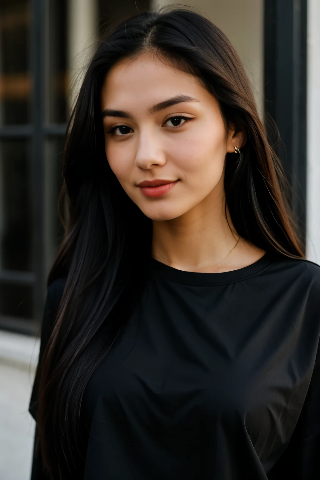 close-up of a woman with long hair and a black shirt
