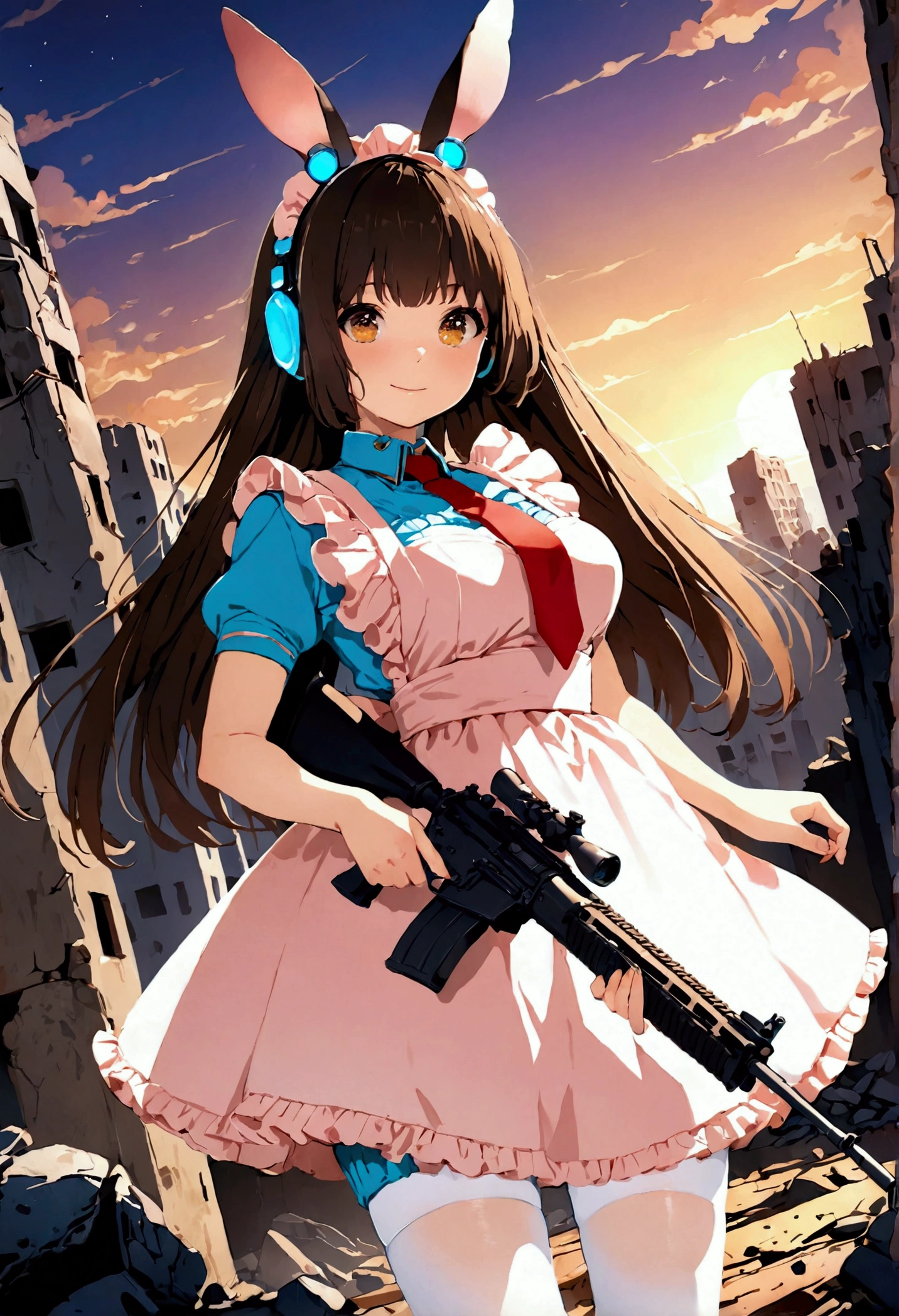 ((1girl)), super fine illustration, vibrant colors, absurdres extremely detailed CG, 8k wallpaper, (masterpiece:1.3), dynamic angle, dynamic pose,
best quality, depth of field, cinematic lighting, ultra detailed, brown long hair, very straight hair, large breast, white knit dress , 20yo, cute, very baby face, brown eyes, kawaii, tender smile, droopy eyes, combat, pink leotad, sci-fi rabbit ear mechanical headset, red necktie, black padded glove, pink maid uniform, white thighhighs pantyhose, aiming rifle, modern military rifle:1.4, ruin city, Post-apocalypse