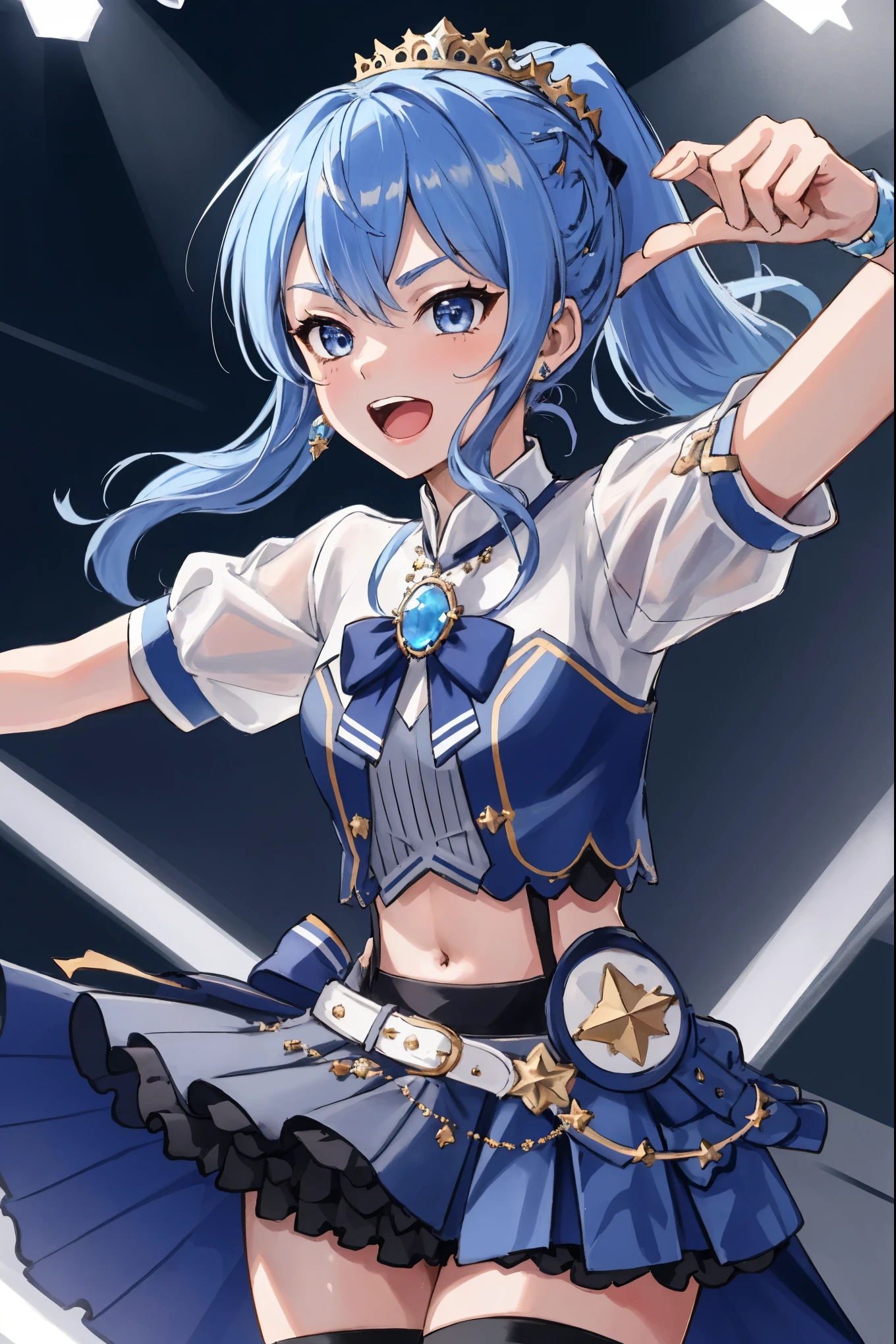 masterpiece, best quality, absurdres, 1girl, solo, Hoshimachi Suisei, light blue hair, blue eyes, happy, smile, parted lips, cowboy shot, sidelocks, ponytail, toned, 
idol, idol clothes, hololive idol uniform, bowtie, blue skirt, brooch, dress, concert, on stage, frilled skirt, jewelry, layered dress, short sleeves, tiara, midriff, thighhighs(,shout:1.5),.(open_mouth:1.3),singing,(angry:0.6), glare, idle_live,audience_landscape,light up_girl,solo,shiny_effects,smile。joy,happy,