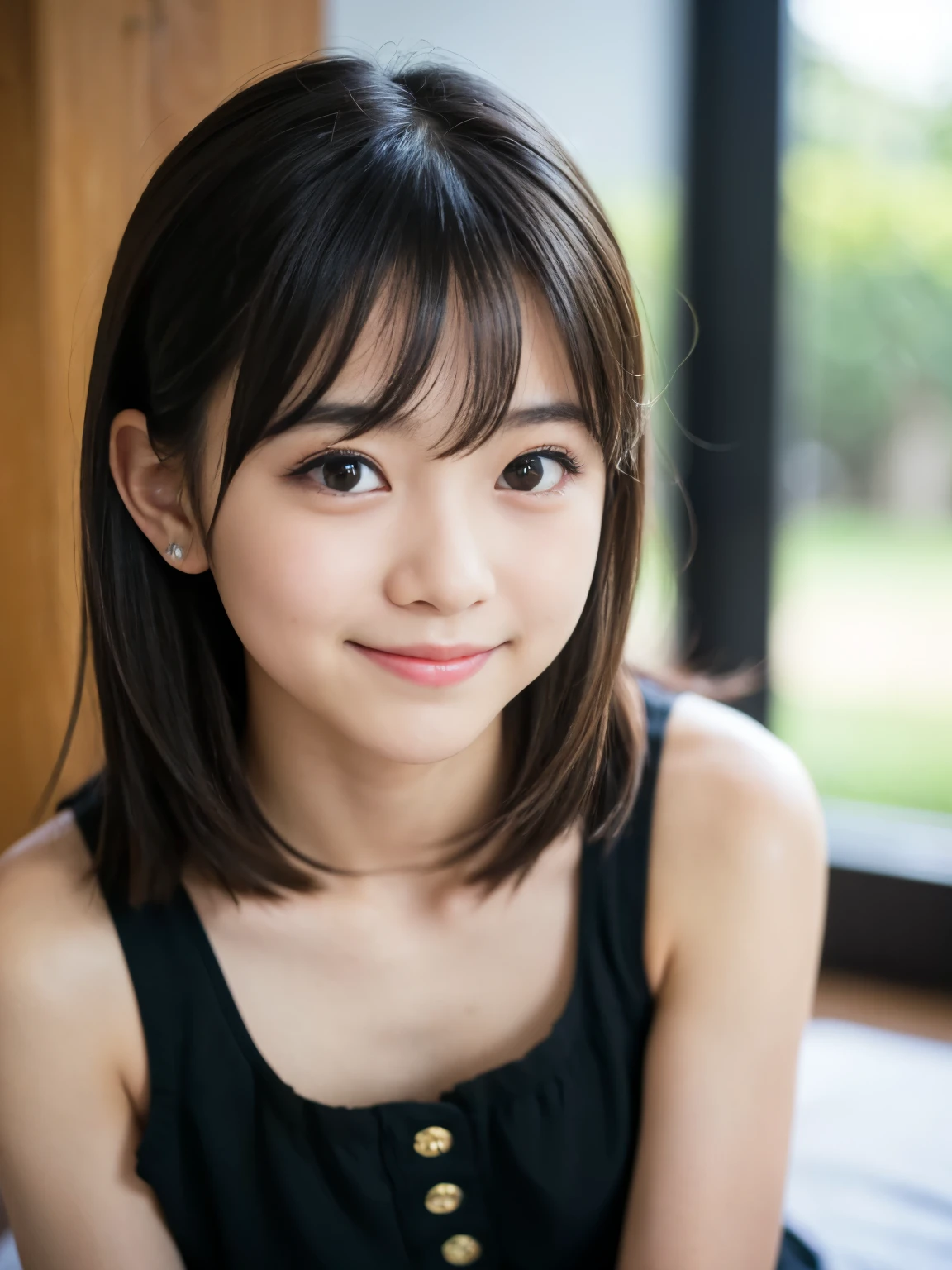 (Best-quality, Masterpiece, Ultra-High-Resolution, (Photorealistic:1.4), Raw Photo, depth of field, professional lighting, perfect anatomy, extremely details), 1girl, 12-years-old, the most famous Japanese idol, (wearing shorts, sleeveless shirt), (((extremely cute and extremely big black-eyes, extremely cute long-eyelashes))), (((extremely beautiful and extremely realistic skins))), ((extremely cute face like the most popular Japanese idol, extremely cute lips)), (((innocent smile)))