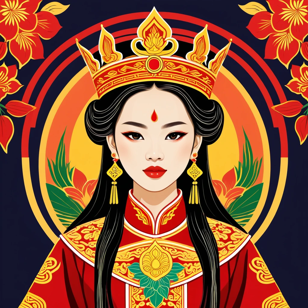 female	king	in vietnamese folk outfit	,vector graphics, strong contours, logo design																						