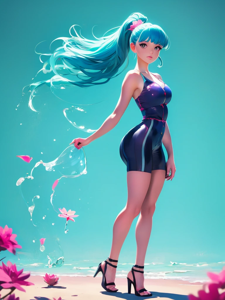 (masterpiece), (best quality), (ultra detailed),(disheed hair),(illustration), (1girl), (Fashionable clothing), standing, Fashion model, looking at viewer, (interview), (simple background), beautiful and delicate eyes, delicate beauty, floating, (high saturation), (colorful splash), colorful bubbles, (shine), focus on face, ponytail, Ayaka Kamisato, light blue hair, bangs, hair circle, floating flowers, flowing hair, (shiny), best lighting, best shadow, full body, vista