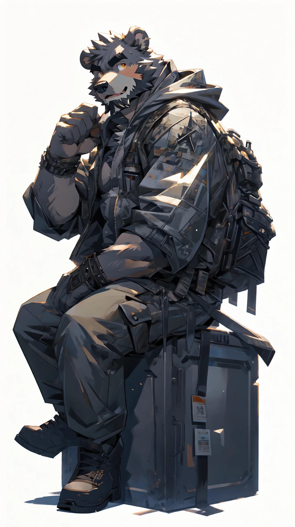 (masterpiece:1.2), best quality,pixiv,official art,perfect anatomy, (Ray tracing, light),solo, (1_male:1.3) , (muscle), (grey fur:1.4), (muscle bear), (beard:1.2), (gleaming golden eyes), bear tail, full body, Thick black eyebrows, (open short hoodie), (naked inside),cargo shorts, black short boots, (pure white background: 1.3), side view, sitting on tower, morden style
