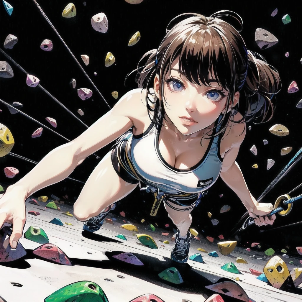 masterpiece, (textured skin), best quality, gorgeous beautiful girl, (a female sport climbing athlete), detailed clothes,large breasts,narrow waist,, (beautiful face), cinematic lighting, (at sport climbing venue ),