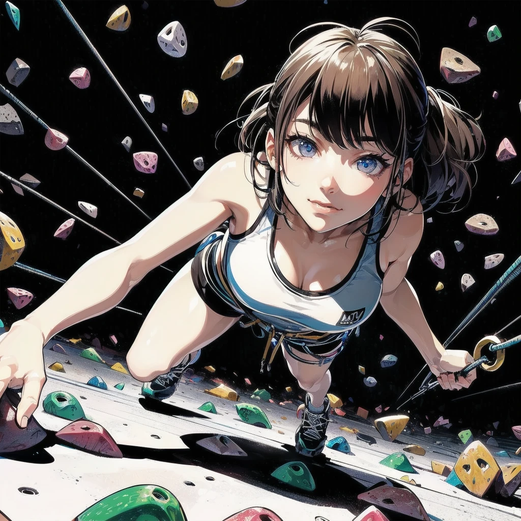  masterpiece, (textured skin), best quality, gorgeous beautiful girl, (a female sport climbing athlete), detailed clothes,large breasts,narrow waist,, (beautiful face), cinematic lighting, (at sport climbing venue ),