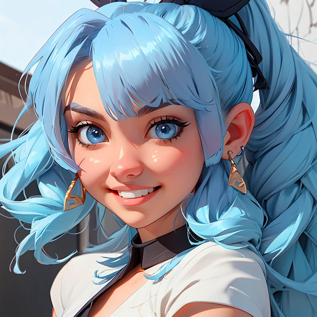 (masterpiece), (best quality), (ultra detailed),(disheveled hair),(illustration), (1girl), standing, smiling, beautiful detailed eyes, light blue eyes, detailed beautiful face, (kamisato ayaka: 1.2), focus on face, ponytail, kamisato ayaka(genshin impact), light blue hair, detailed hair, bangs, best lighting, best shadow, highly detailed, vibrant