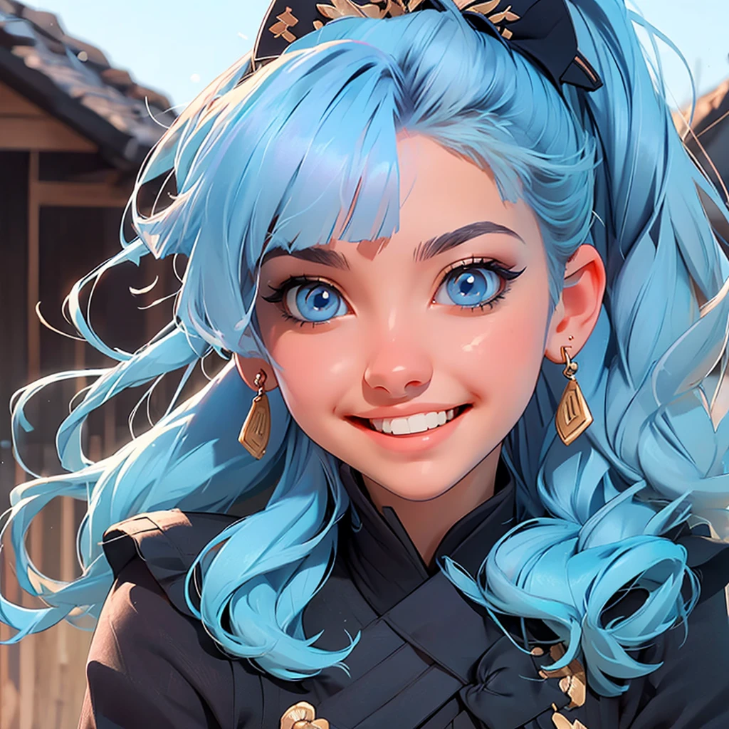 (masterpiece), (best quality), (ultra detailed),(disheveled hair),(illustration), (1girl), standing, smiling, beautiful detailed eyes, light blue eyes, detailed beautiful face, (kamisato ayaka: 1.2), focus on face, ponytail, kamisato ayaka(genshin impact), light blue hair, detailed hair, bangs, best lighting, best shadow, highly detailed, vibrant