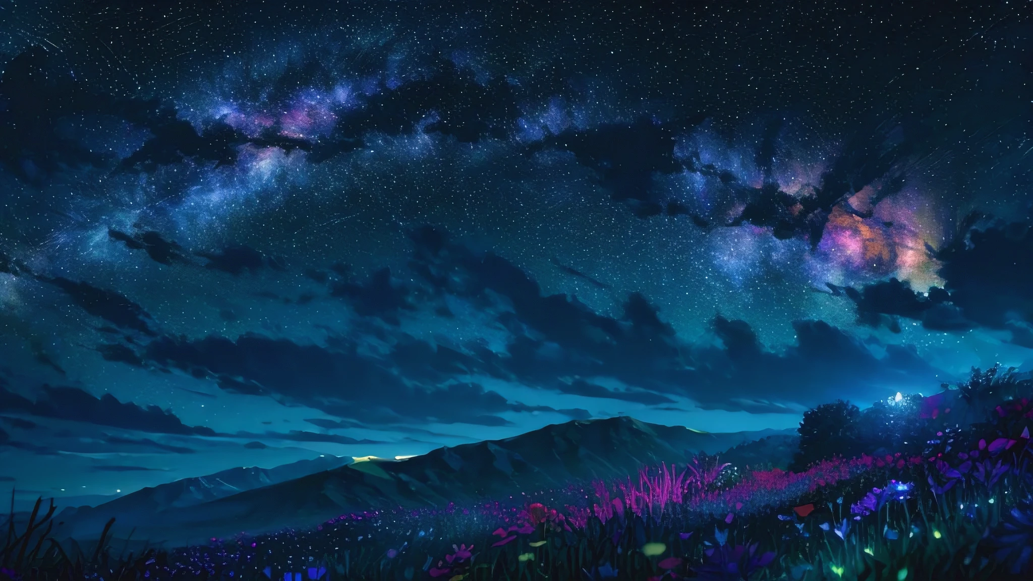 Describe a scene where a  grassy hill, the starry sky. Surround her with colorful nebulae and her favorite constellations.
