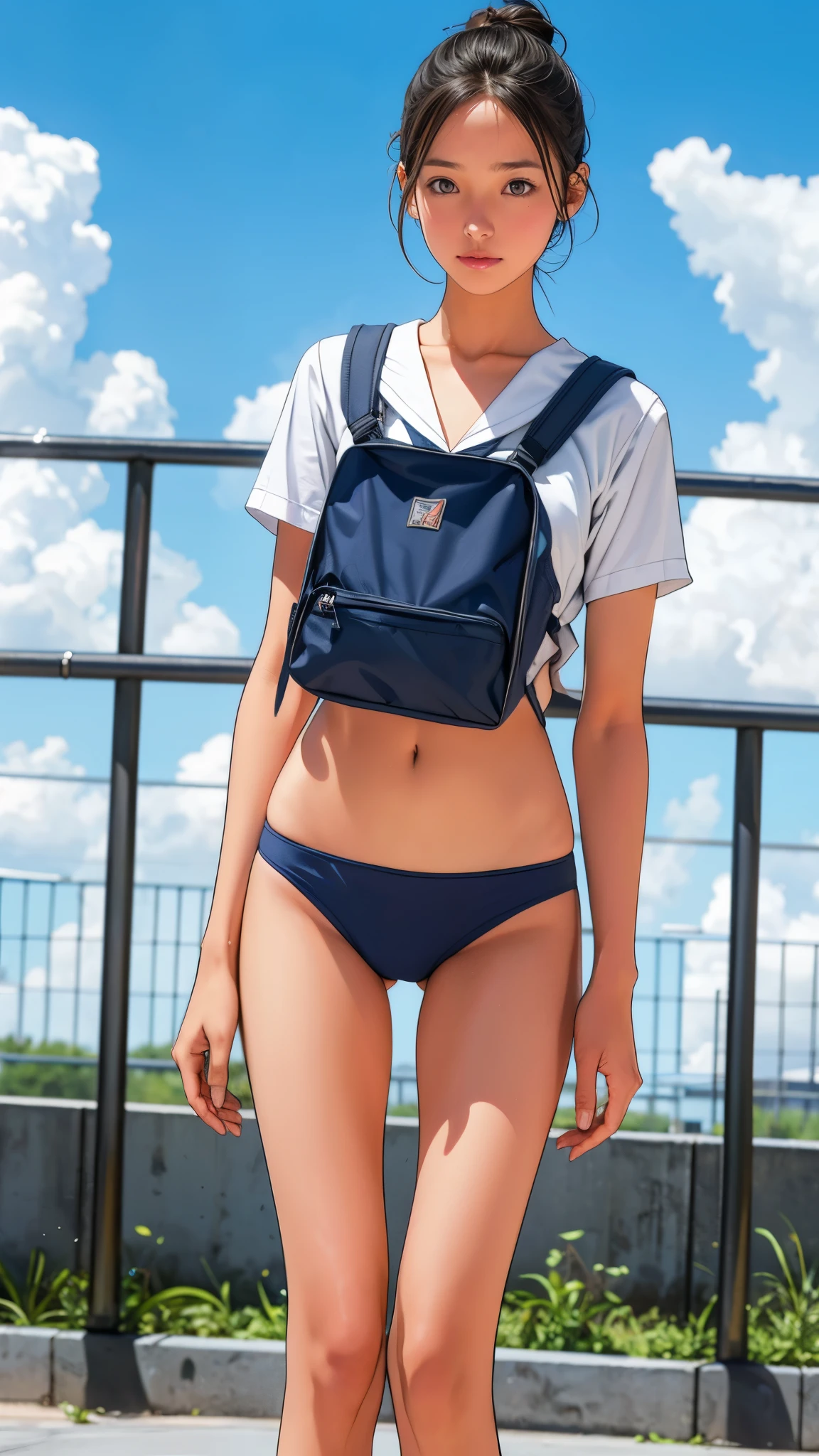{3 | 2} Girl Standing In Schoolyard, Cumulonimbus clouds floating in the summer sky, Navy blue speedo swim briefs, On a white sailor shirt, school bag, , (Very slim:1.4), Thin thighs, knees, Brown eyes, Short hair tied low