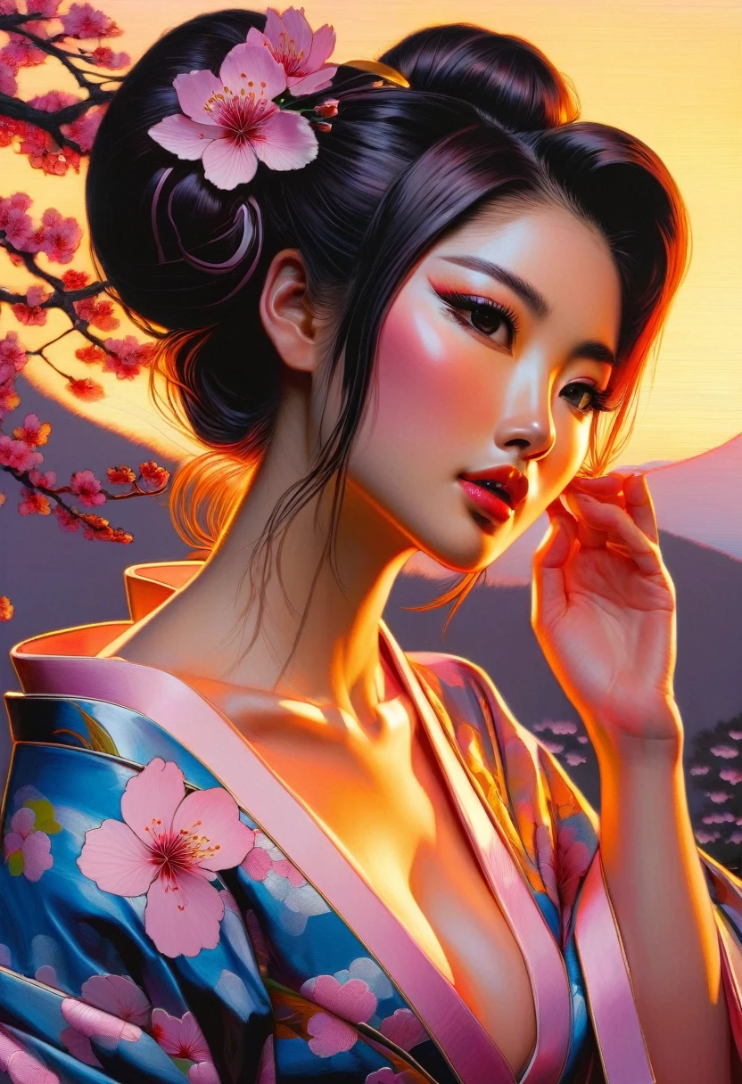 full body sexy asian girl, 1girl, japanese geisha, updo, looking at viewer, small pink nipples, large breasts, 20 years old, face close up, half body portrait, big brown eyes, nihongami, modest, seducing viewer, hearts, posing, sexy pose, solo, blue floral kimono, off shoulder, bonsai, sakura, worried, blushing, cowgirl position, cherry blossom, submission, sunset, cinematic lighting, semi realistic, side view, (young:1.2), wild sex, semi realistic, imminent orgasm, blushing, open mouth, squatting, bouncing hard (art inspired by Bill Sienkiewicz). oil painting)