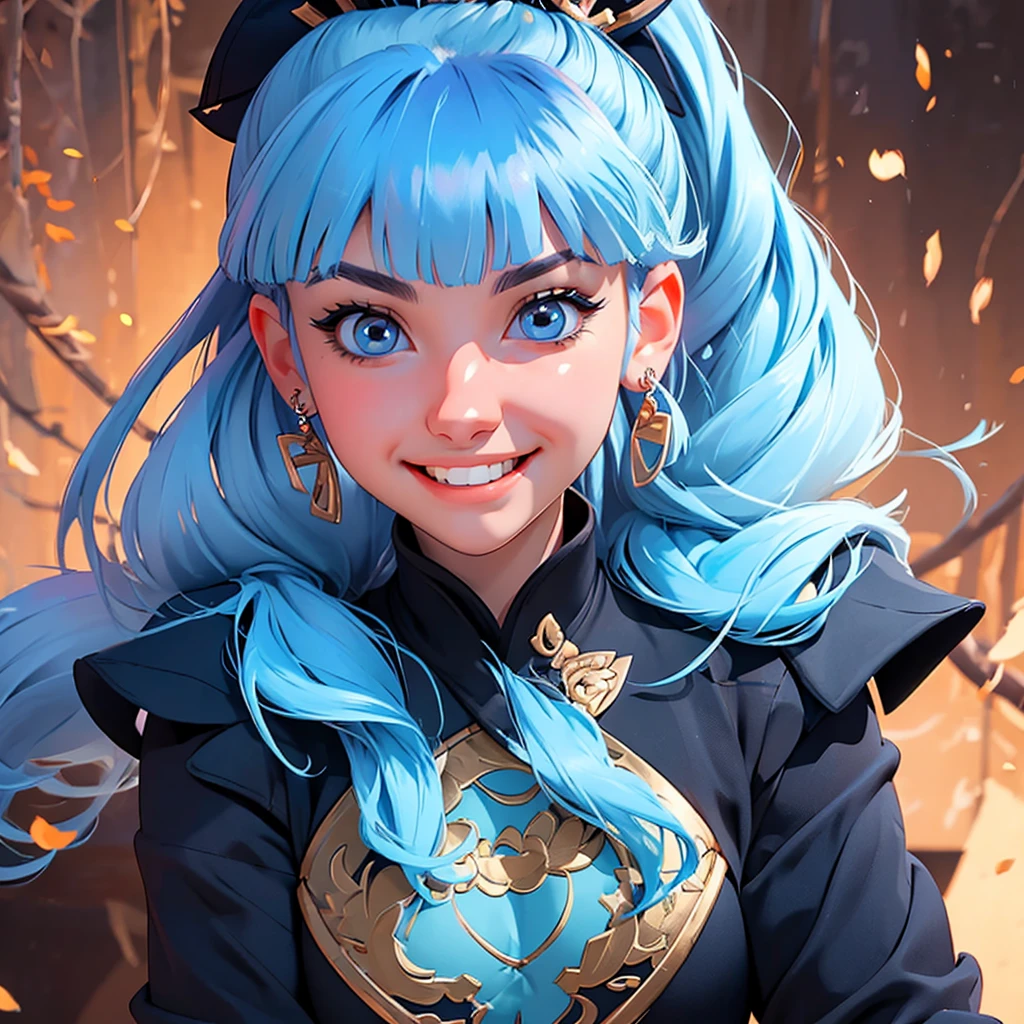 (masterpiece), (best quality), (ultra detailed),(disheveled hair),(illustration), (1girl), standing, smiling, beautiful detailed eyes, light blue eyes, detailed beautiful face, (kamisato ayaka: 1.2), focus on face, ponytail, kamisato ayaka(genshin impact), light blue hair, detailed hair, bangs, best lighting, best shadow, highly detailed, vibrant