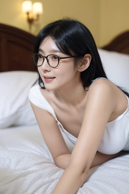 Highest quality、masterpiece、High sensitivity、High resolution、Detailed Description、Slender women、Glasses、On the bed、Lying down、