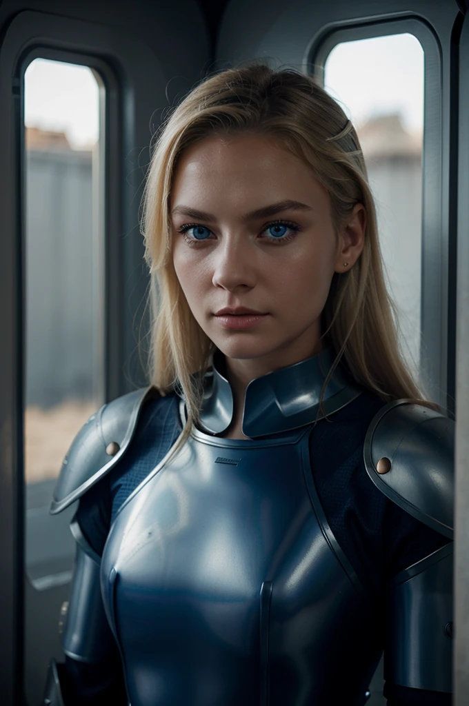 centred, slavic woman, blond hair, blue eyes, sci-fi, slim armor, navy blue plates, future, desert