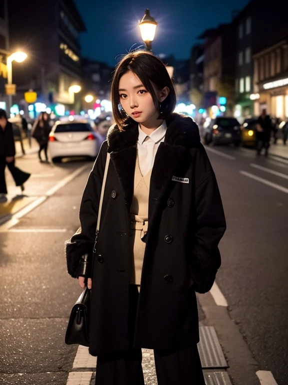 (Noriko Ogawa), girl, alone, Female Model, Stylish female fashion model standing in an urban setting、Illuminated by street lamps at night、Modern clothing、Urban atmosphere、Stylish pose. The generated image is、Attracting attention in fashion magazines and on social media、