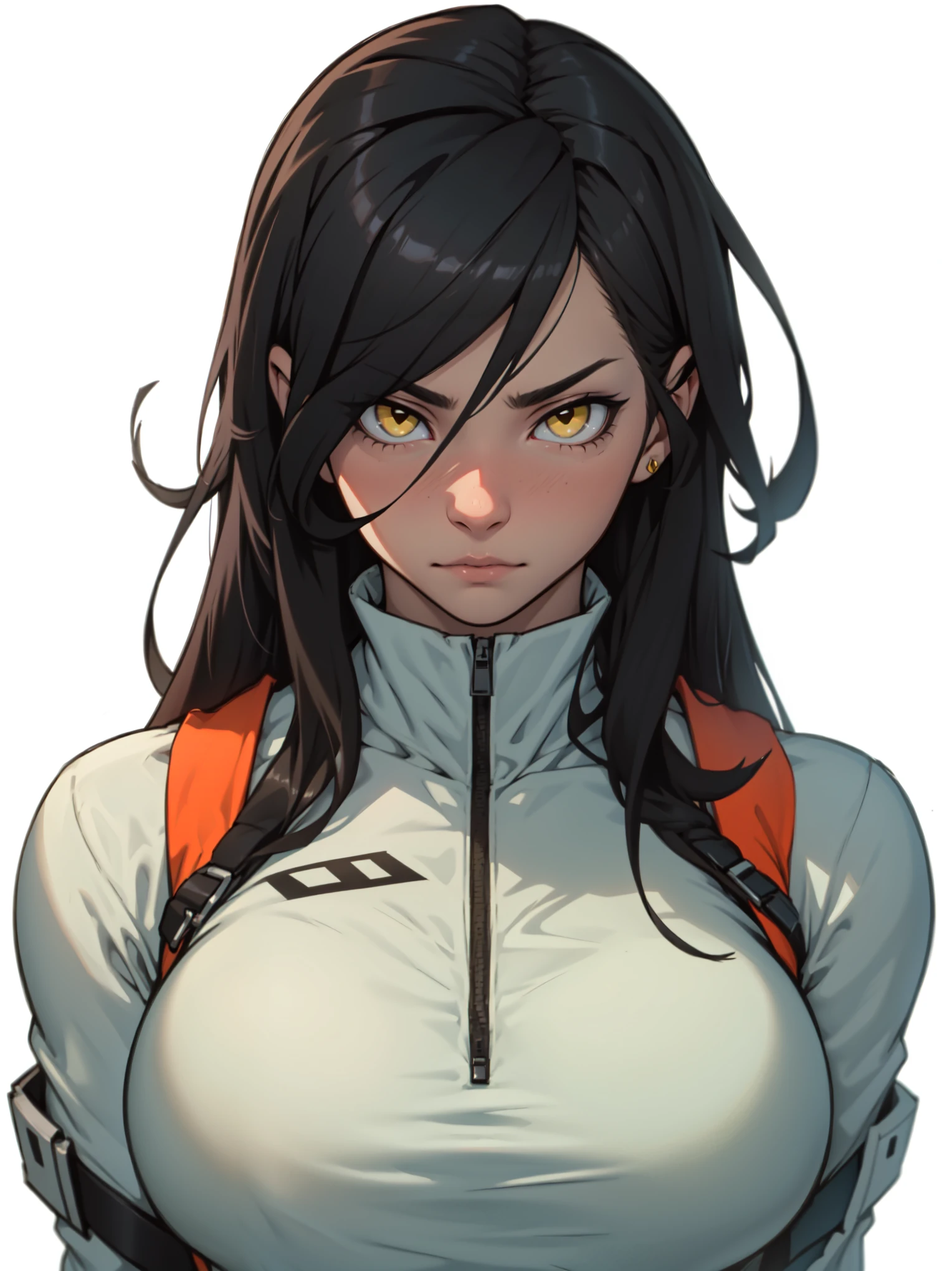 perfect anatomy muscular girl big breasts empty eyes embarrassed black hair yellow eyes pale skin