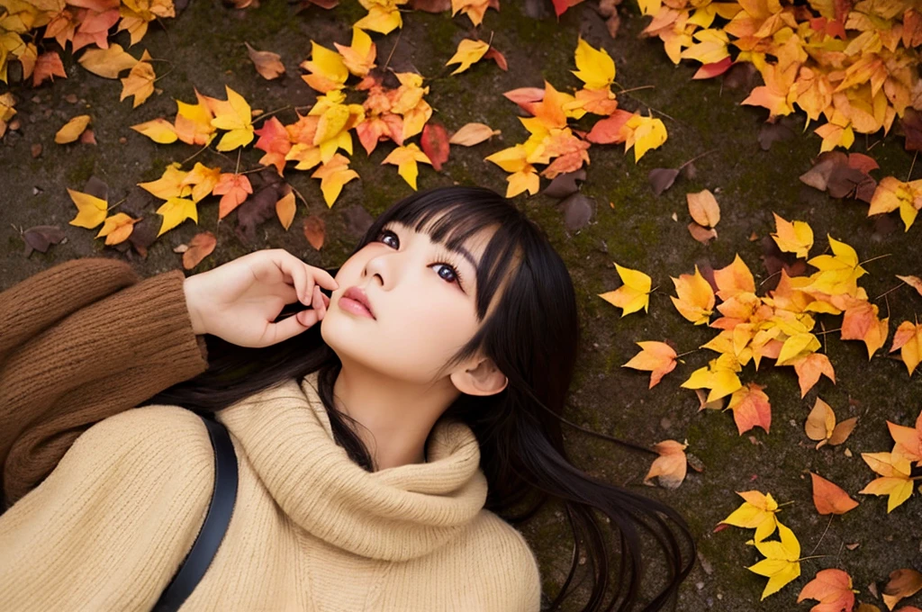 Highest quality、masterpiece、Highest detail、Japan Idol Beautiful Girl、Autumn Fashion、Looking up、Autumn scenery with falling leaves