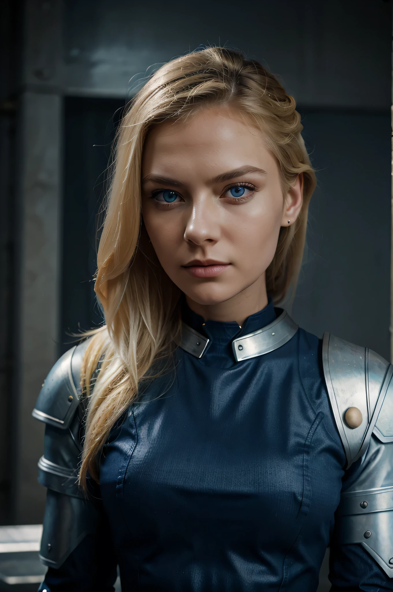 slavic woman, centred, blond hair, blue eyes, sci-fi, slim armor, navy blue plates, future, desert