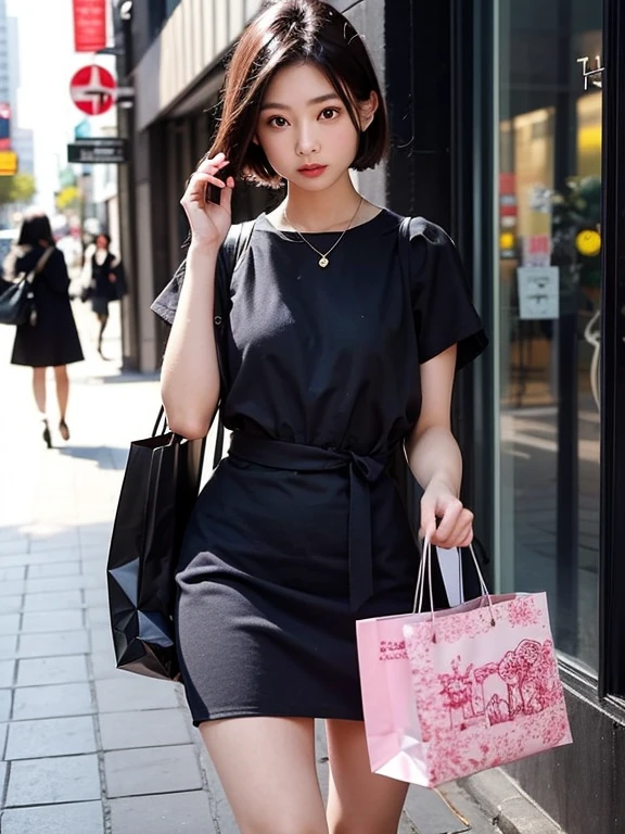 (Noriko Ogawa), girl, alone, Female Model, Female fashion model with a busy street in the background、Wearing a glamorous dress、Have a shopping bag、City Vibrancy. The generated image is、Attracting attention in fashion magazines and on social media、