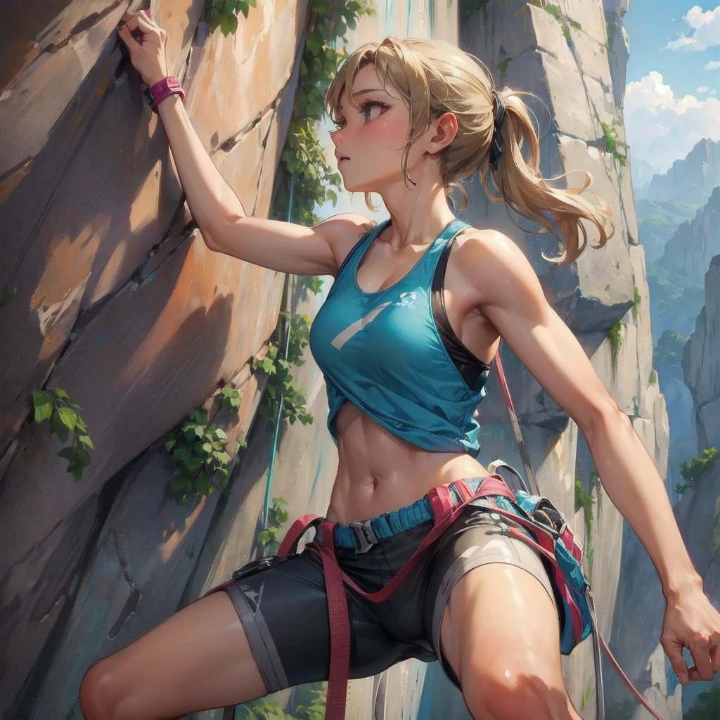 masterpiece, (textured skin), best quality, gorgeous beautiful girl, (a female sport climbing athlete), detailed clothes,large breasts,narrow waist,, (beautiful face), cinematic lighting, (at sport climbing venue ),