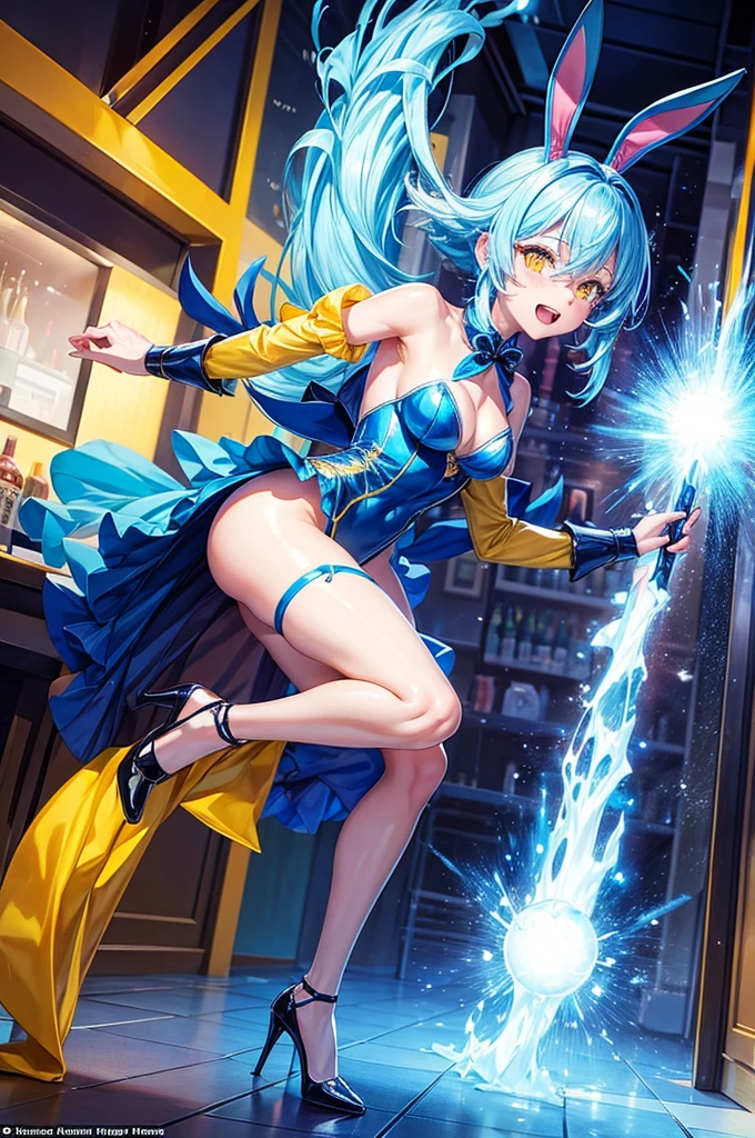The character Rimuru Tempest, has yellow eyes, wears a blue bunny suit in a bar, has a teenage body and has black heels, is playful and mischievous