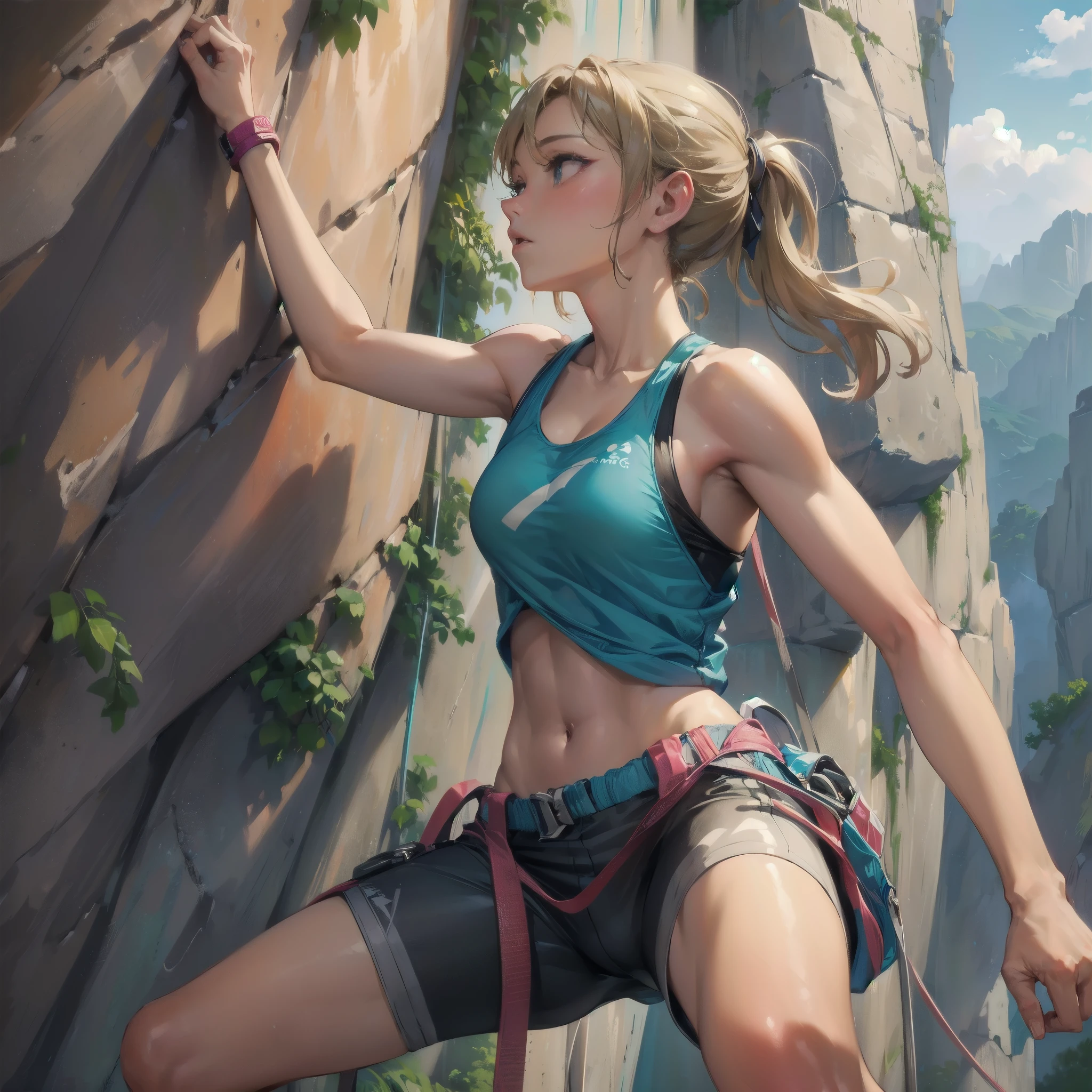 masterpiece, (textured skin), best quality, gorgeous beautiful girl, (a female sport climbing athlete), detailed clothes,large breasts,narrow waist,, (beautiful face), cinematic lighting, (at sport climbing venue ),