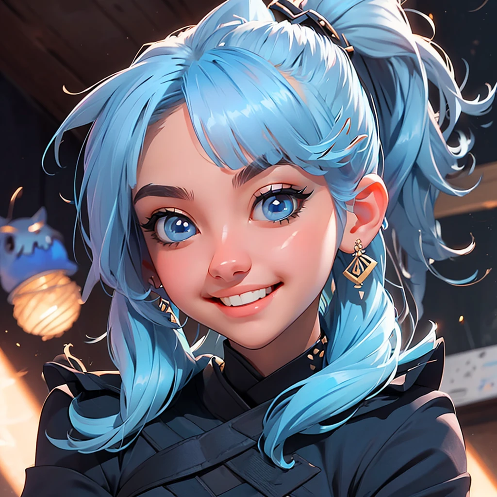 (masterpiece), (best quality), (ultra detailed),(disheveled hair),(illustration), (1girl), standing, smiling, beautiful detailed eyes, light blue eyes, detailed beautiful face, (kamisato ayaka: 1.2), focus on face, ponytail, kamisato ayaka(genshin impact), light blue hair, detailed hair, bangs, best lighting, best shadow, highly detailed, vibrant