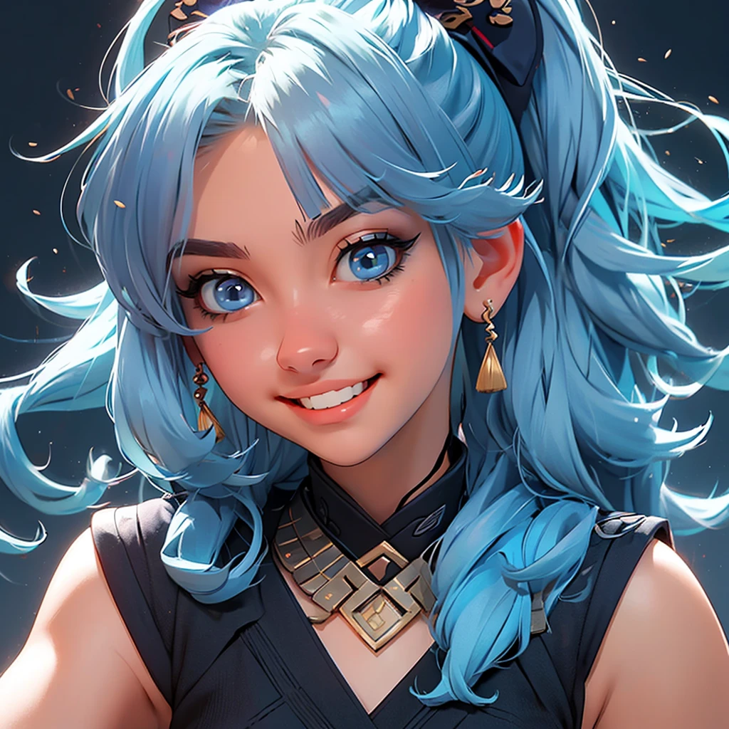 (masterpiece), (best quality), (ultra detailed),(disheveled hair),(illustration), (1girl), standing, smiling, beautiful detailed eyes, light blue eyes, detailed beautiful face, (kamisato ayaka: 1.2), focus on face,  ponytail, kamisato ayaka(genshin impact), light blue hair, detailed hair, bangs, best lighting, best shadow, highly detailed, vibrant