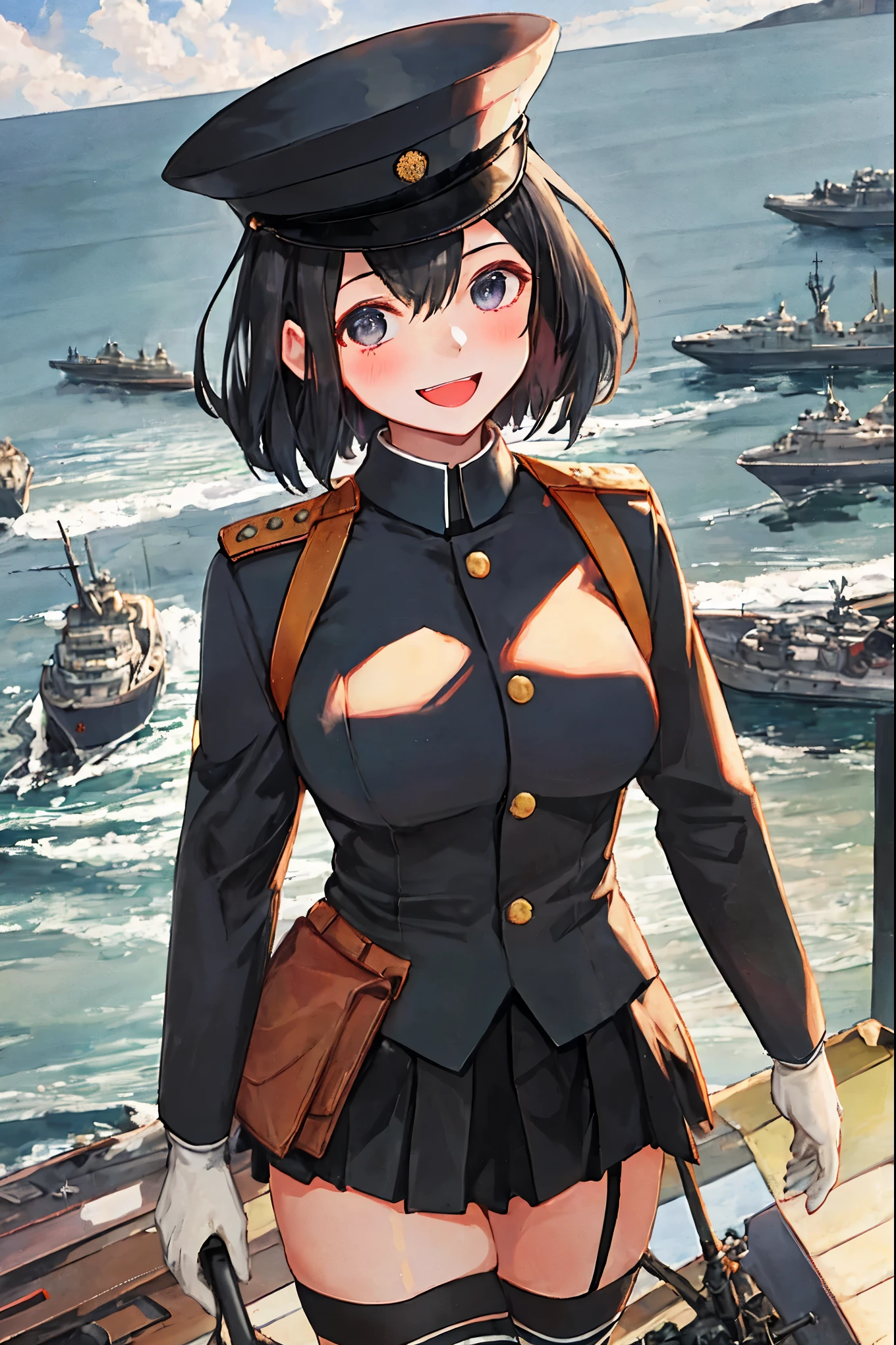 best quality, masterpiece, solo, {akitsu_maru_kantaicollection:1.15}, black_hair, short_hair, hat, peaked_cap, black_eyes, military, big_breasts, 1girl, black_headwear, looking_at_viewer,black_ military_uniform, uniform, military_hat, in_front_harbor_town_landscape_background, smile,(plump:0.7),,black_thigh-highs,joylight_open_mouth,