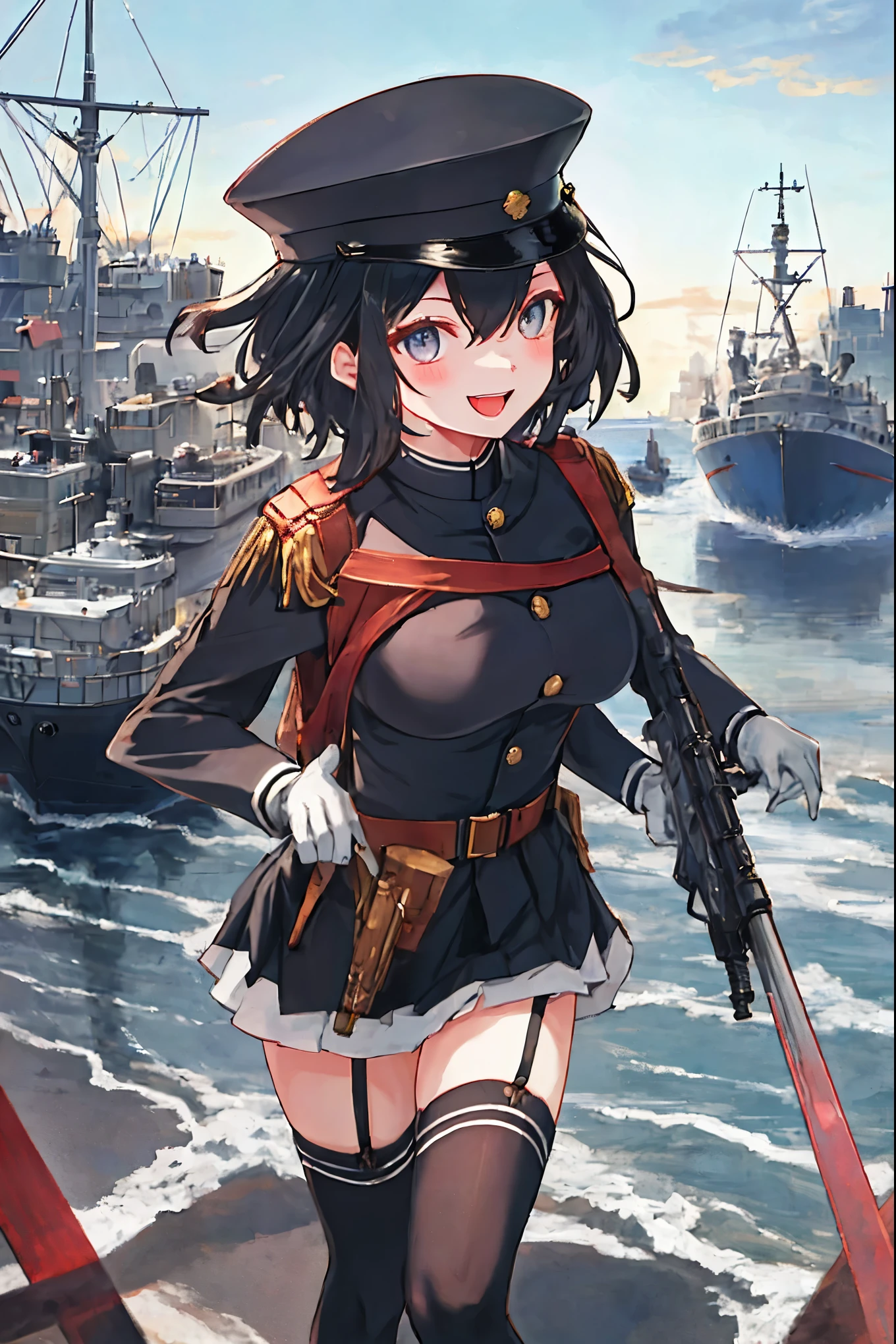 best quality, masterpiece, solo, {akitsu_maru_kantaicollection:1.15}, black_hair, short_hair, hat, peaked_cap, black_eyes, military, big_breasts, 1girl, black_headwear, looking_at_viewer,black_ military_uniform, uniform, military_hat, in_front_harbor_town_landscape_background, smile,(plump:0.7),,black_thigh-highs,joylight_open_mouth,