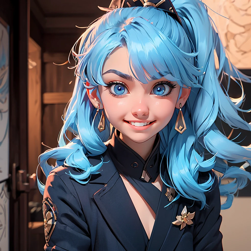 (masterpiece), (best quality), (ultra detailed),(disheveled hair),(illustration), (1girl), standing, smiling, beautiful detailed eyes, light blue eyes, detailed beautiful face, (kamisato ayaka: 1.2), focus on face,  ponytail, kamisato ayaka(genshin impact), light blue hair, detailed hair, bangs, best lighting, best shadow, highly detailed, vibrant