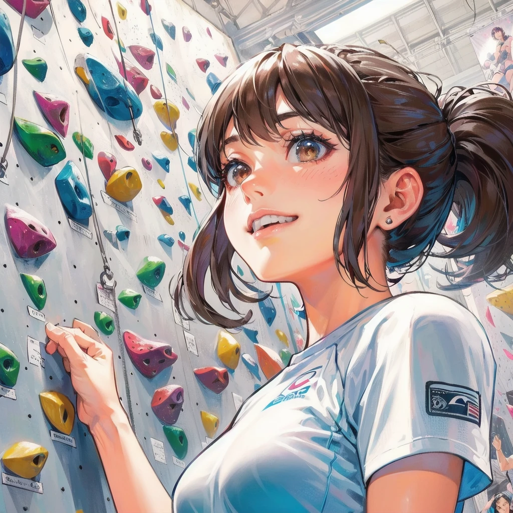  masterpiece, (textured skin), best quality, gorgeous beautiful girl, (a female sport climbing athlete), detailed clothes,large breasts,narrow waist,, (beautiful face), cinematic lighting, (at sport climbing venue ),