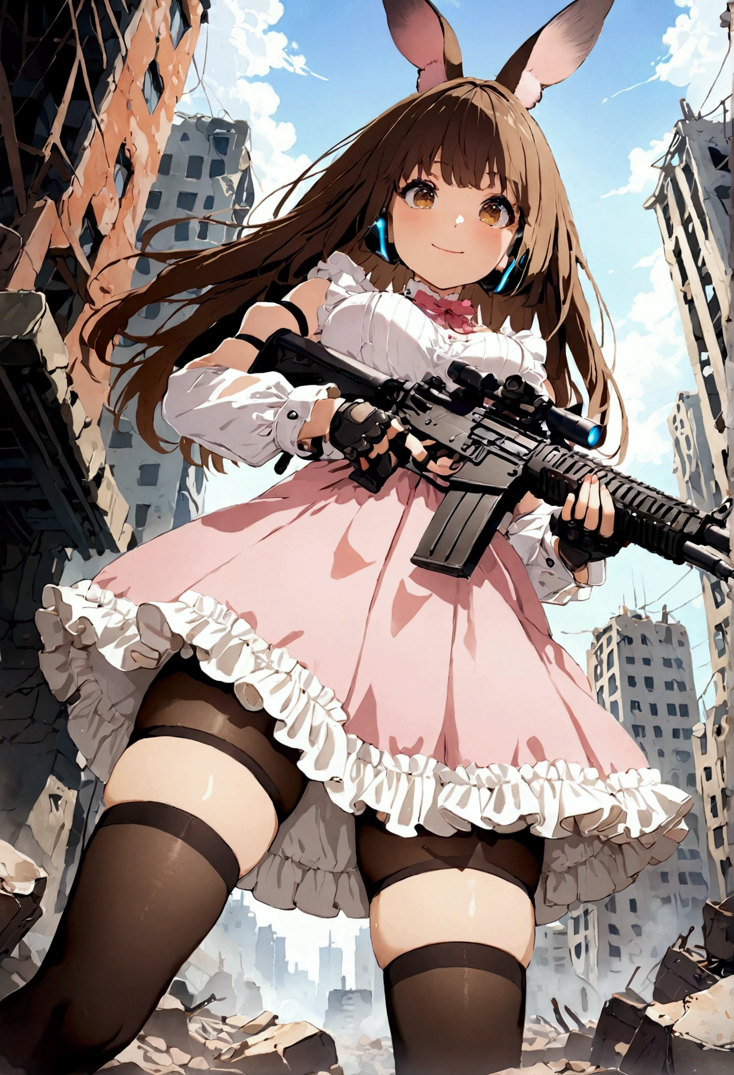 ((1girl)), super fine illustration, vibrant colors, absurdres extremely detailed CG, 8k wallpaper, (masterpiece:1.3), dynamic angle, dynamic pose,
best quality, depth of field, cinematic lighting, ultra detailed, brown long hair, very straight hair, large breast, white knit dress , 20yo, cute, very baby face, brown eyes, kawaii, tender smile, droopy eyes, combat, pink leotad, sci-fi rabbit ear mechanical headset, padded combat glove, pink maid uniform, white thighhighs pantyhose, aiming rifle, modern military heavy machine gun:1.4, ruin city, Post-apocalypse