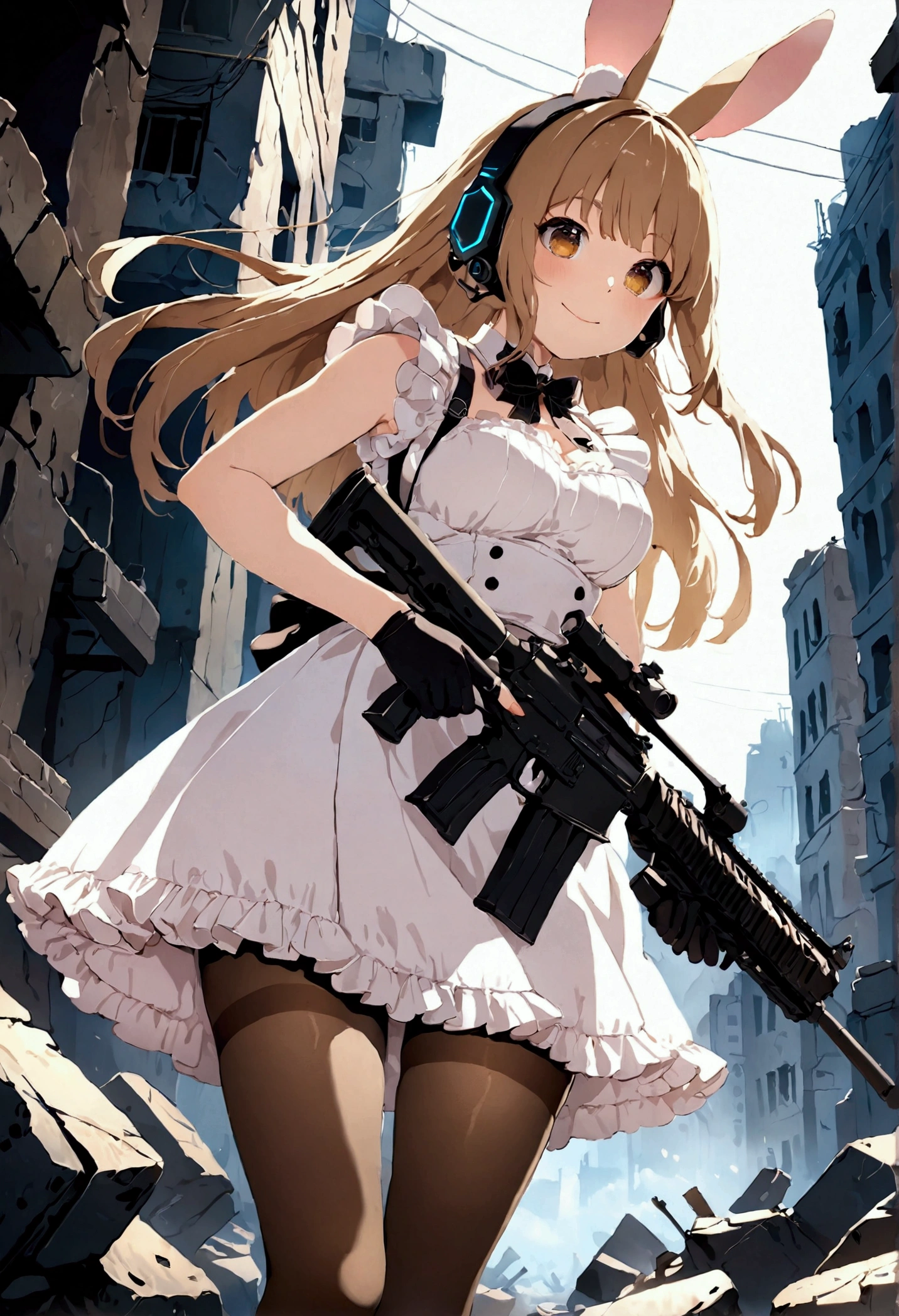 ((1girl)), super fine illustration, vibrant colors, absurdres extremely detailed CG, 8k wallpaper, (masterpiece:1.3), dynamic angle, dynamic pose,
best quality, depth of field, cinematic lighting, ultra detailed, brown long hair, very straight hair, large breast, white knit dress , 20yo, cute, very baby face, brown eyes, kawaii, tender smile, droopy eyes, combat, pink leotad, sci-fi rabbit ear mechanical headset, padded combat glove, pink maid uniform, white thighhighs pantyhose, aiming rifle, modern military heavy machine gun:1.4, ruin city, Post-apocalypse