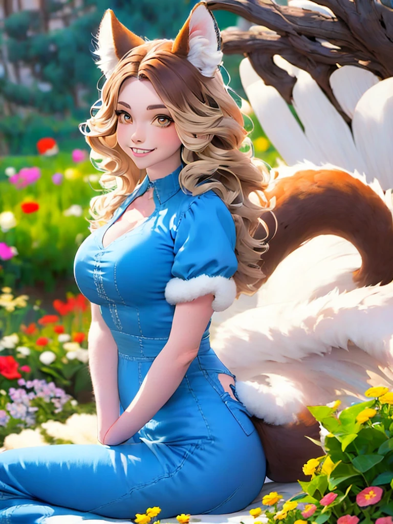 fox, (monster girl), long brown ears with darker brown inside, brown fur, tan neck fluff, brown fluffy tail with a tan tip, large brown eyes, wearing modest clothing, sitting in a flower garden, masterpiece, best quality